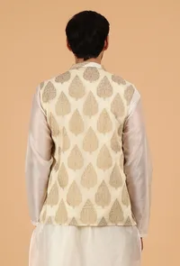 Cream Brocade Sleeveless Nehru Jacket image 5