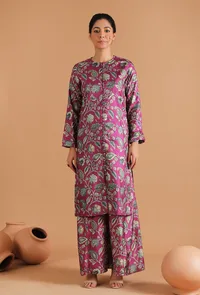 Set Of 2: Mahira Allover Kalamkari Long Jacket Style Kurta & Allover Kalamkari Pallazo Pants image 1