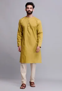 Set of 2: Gold Yellow Cotton Kurta Pajama Set image 2
