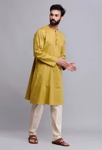 Set of 2: Gold Yellow Cotton Kurta Pajama Set image 3