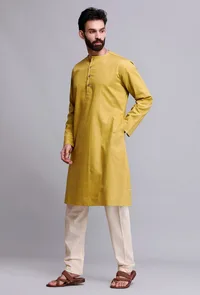 Set of 2: Gold Yellow Cotton Kurta Pajama Set image 4