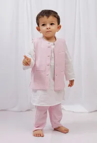 Set of 3: White striped Cotton Kurta and Pajama with Pink Striped Nehru Jacket image 1