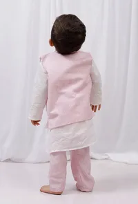Set of 3: White striped Cotton Kurta and Pajama with Pink Striped Nehru Jacket image 2