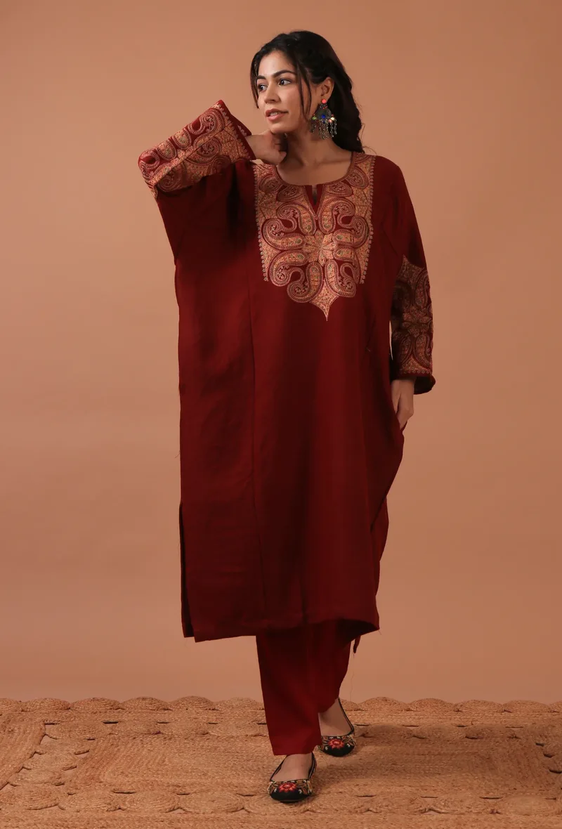 Maroon Woolen Ari Embroidered Phiran- Free Size