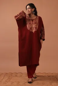 Maroon Woolen Ari Embroidered Phiran- Free Size image 1