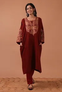 Maroon Woolen Ari Embroidered Phiran- Free Size image 2