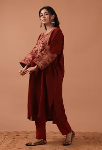 Maroon Woolen Ari Embroidered Phiran- Free Size image 3