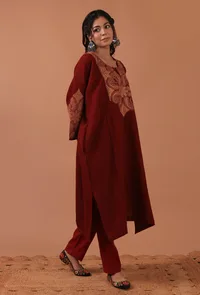 Maroon Woolen Ari Embroidered Phiran- Free Size image 4