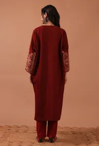 Maroon Woolen Ari Embroidered Phiran- Free Size image 5