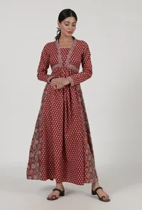 Red Cotton Dress with Multicolor Ajrakh Print image 1