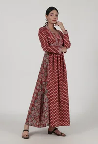 Red Cotton Dress with Multicolor Ajrakh Print image 2