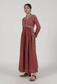 Red Cotton Dress with Multicolor Ajrakh Print image 3