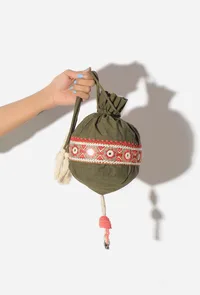 Sage Green Cotton Mirror Tassels Potli image 1