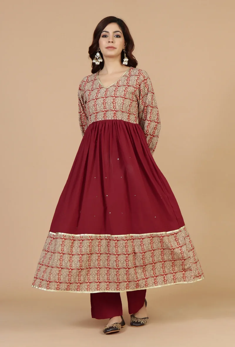 Set of 2: Red Flared Kurta with Baagh Block Print & Solid Cotton Pants