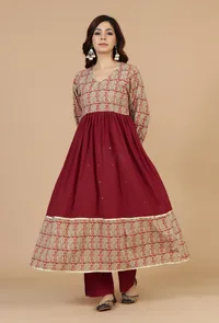 Set of 2: Red Flared Kurta with Baagh Block Print & Solid Cotton Pants image 1