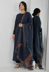 Set of 3: Aegean Blue Plain Kota Round Neck Straight Fit Kurta with Plain Salwar and Aegean Blue with Beige Floral Hand-Block Printed Kota Dupatta image 2