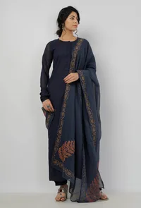 Set of 3: Aegean Blue Plain Kota Round Neck Straight Fit Kurta with Plain Salwar and Aegean Blue with Beige Floral Hand-Block Printed Kota Dupatta image 3