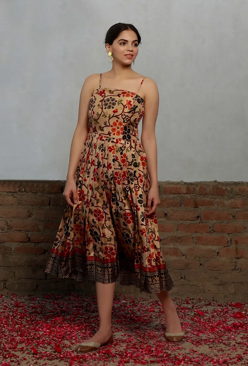 Beige Kalamkari Printed Cotton Silk Pleated Midi Dress
