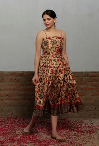 Beige Kalamkari Printed Cotton Silk Pleated Midi Dress image 2