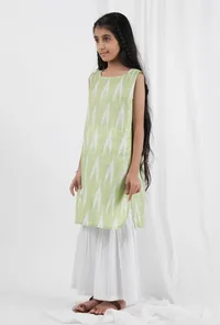 Set Of 2: Green Ikat Straight Cotton Kurta & White Sharara Pant image 2