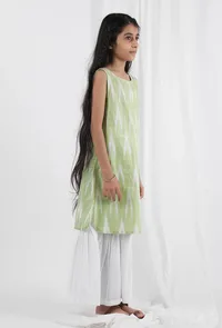 Set Of 2: Green Ikat Straight Cotton Kurta & White Sharara Pant image 3
