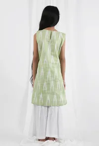 Set Of 2: Green Ikat Straight Cotton Kurta & White Sharara Pant image 4