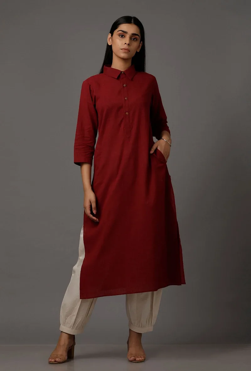 Set of 2: Maroon Pure Woven Cotton Kurta and Pants