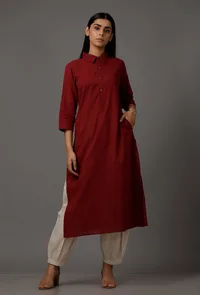 Set of 2: Maroon Pure Woven Cotton Kurta and Pants image 1