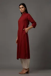 Set of 2: Maroon Pure Woven Cotton Kurta and Pants image 2
