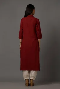 Set of 2: Maroon Pure Woven Cotton Kurta and Pants image 4