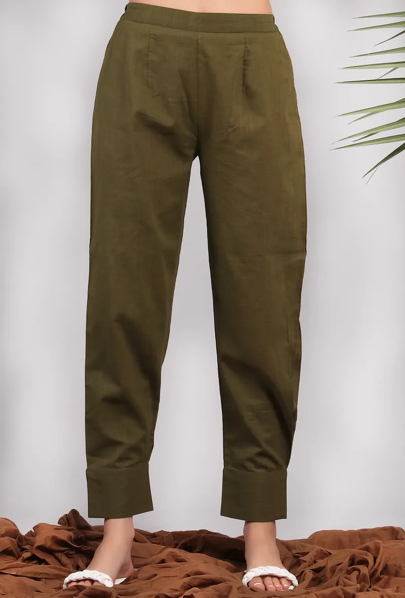 Solid Olive Green Side Pleated Cuffed Pants