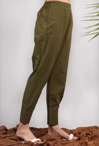 Solid Olive Green Side Pleated Cuffed Pants image 2