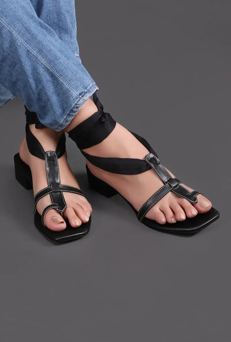 Onyx Black Braided Tie Up Flats