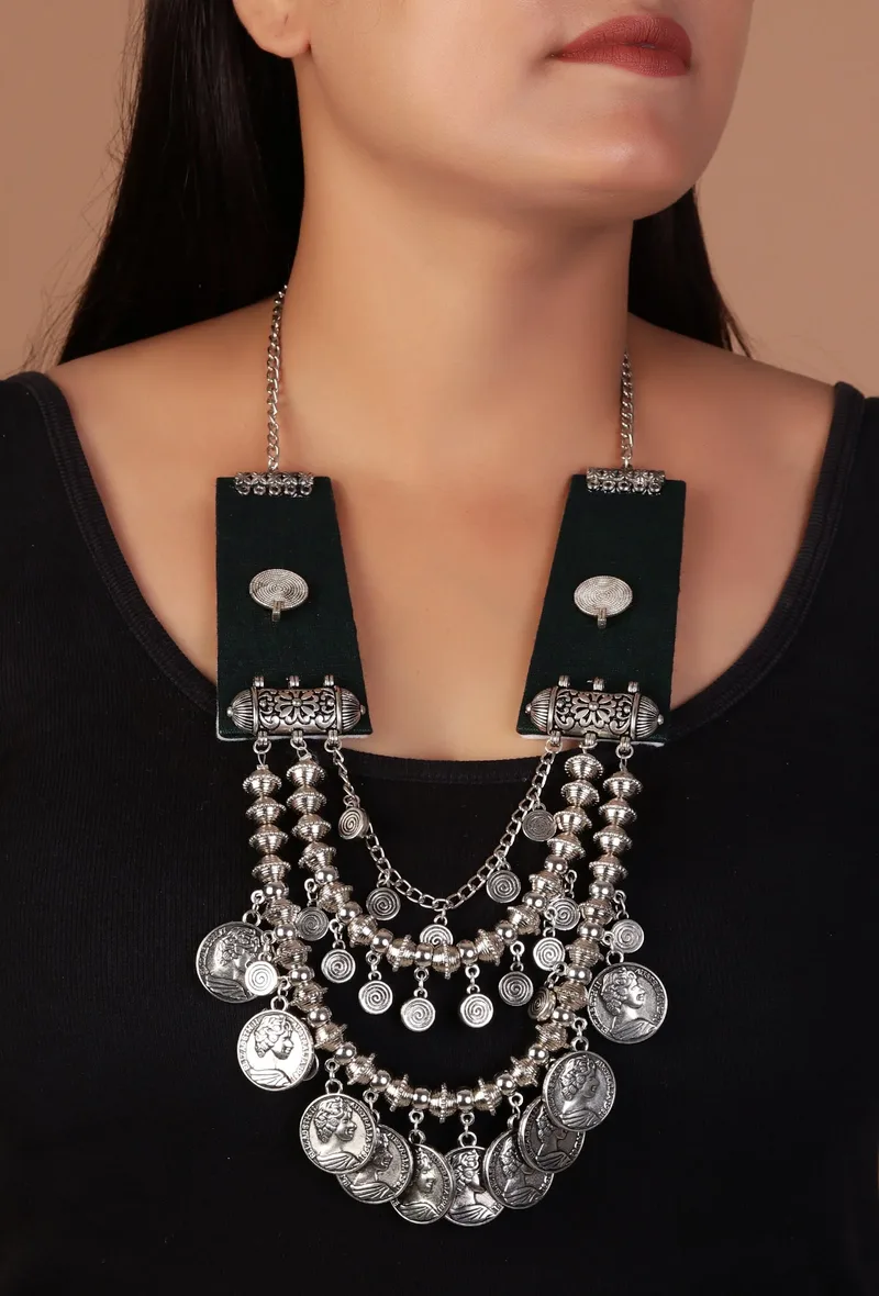 Green Fabric Coin Charm 3-Layer Necklace