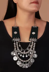 Green Fabric Coin Charm 3-Layer Necklace image 1