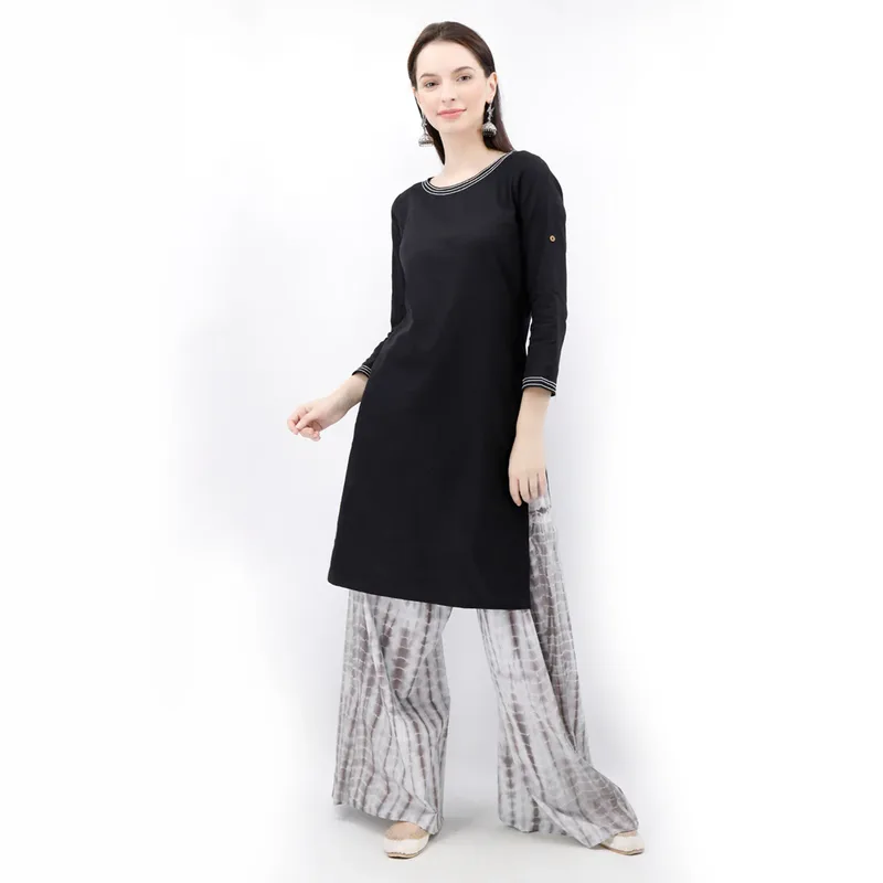 Black Cotton Kurta And White Tie & Dye Palazzo Set