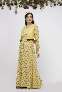 Set of 2 : Yellow Gathered Cotton Hand-Block Printed Kurta and Kota  Boho Cape image 3