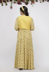 Set of 2 : Yellow Gathered Cotton Hand-Block Printed Kurta and Kota  Boho Cape image 5