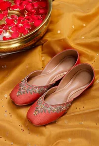 Orange Embroidered Silk Juttis image 1