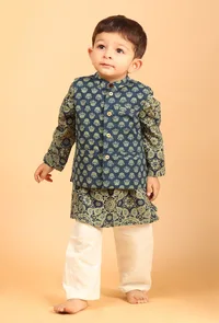 Set Of 3: Taksh Indigo Cotton Kurta, Off White Pyjama & Indigo Print Jacket image 1