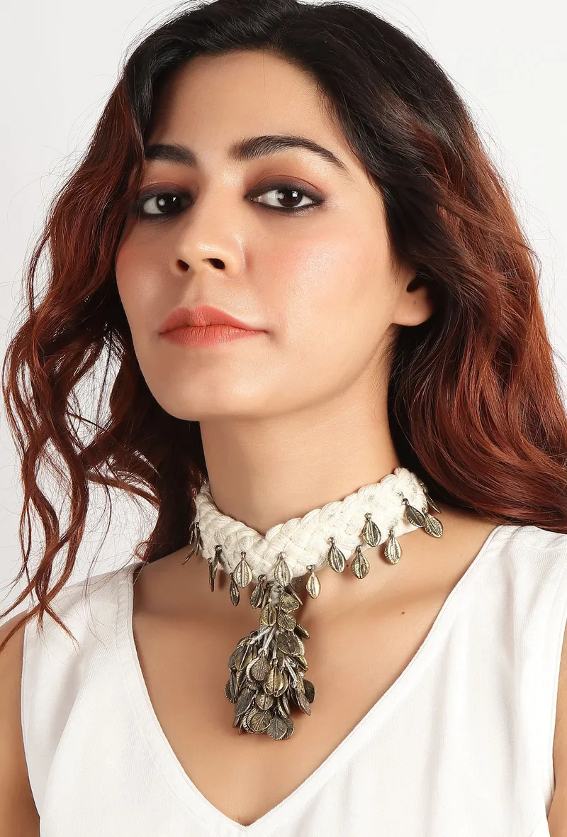 White Thread & German Silver Tribal Leaf Choker Necklace