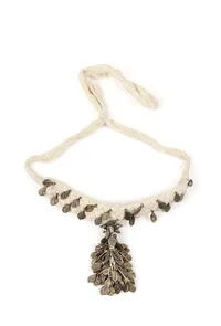 White Thread & German Silver Tribal Leaf Choker Necklace image 2