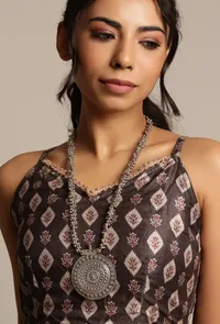 German Silver Designer Long Chain Ghunghru Bead Round Pendant image 1