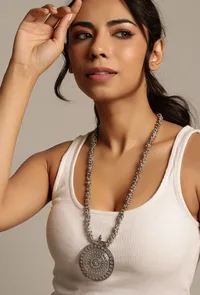 German Silver Designer Long Chain Ghunghru Bead Round Pendant image 2