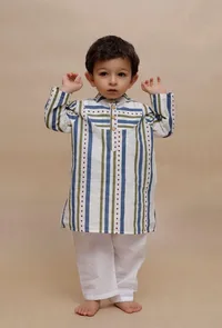 Set of 2: Off-White Multi Color Striped Kurta with off-white Pant image 1