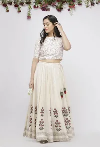 Off White  Hand-Block Printed Kalidaar  Kota Skirt image 1