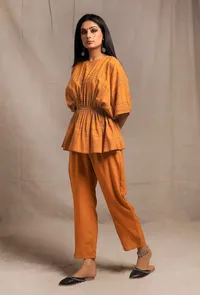 Set of 2: Mustard Yellow Gathered Kaftan Short Tunic with Mustard Yellow Cotton Pants image 2