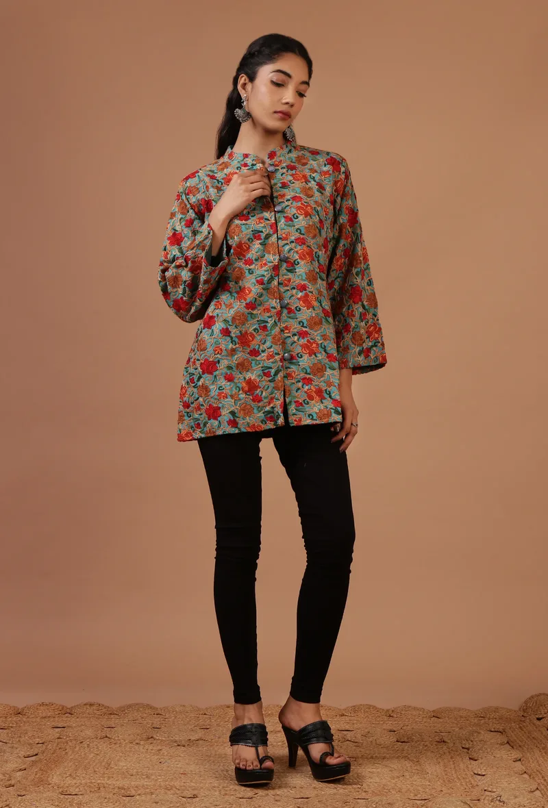 Teal Blue & Multicolor Ari Embroidered Kani Short Jacket