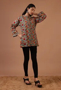 Teal Blue & Multicolor Ari Embroidered Kani Short Jacket image 2