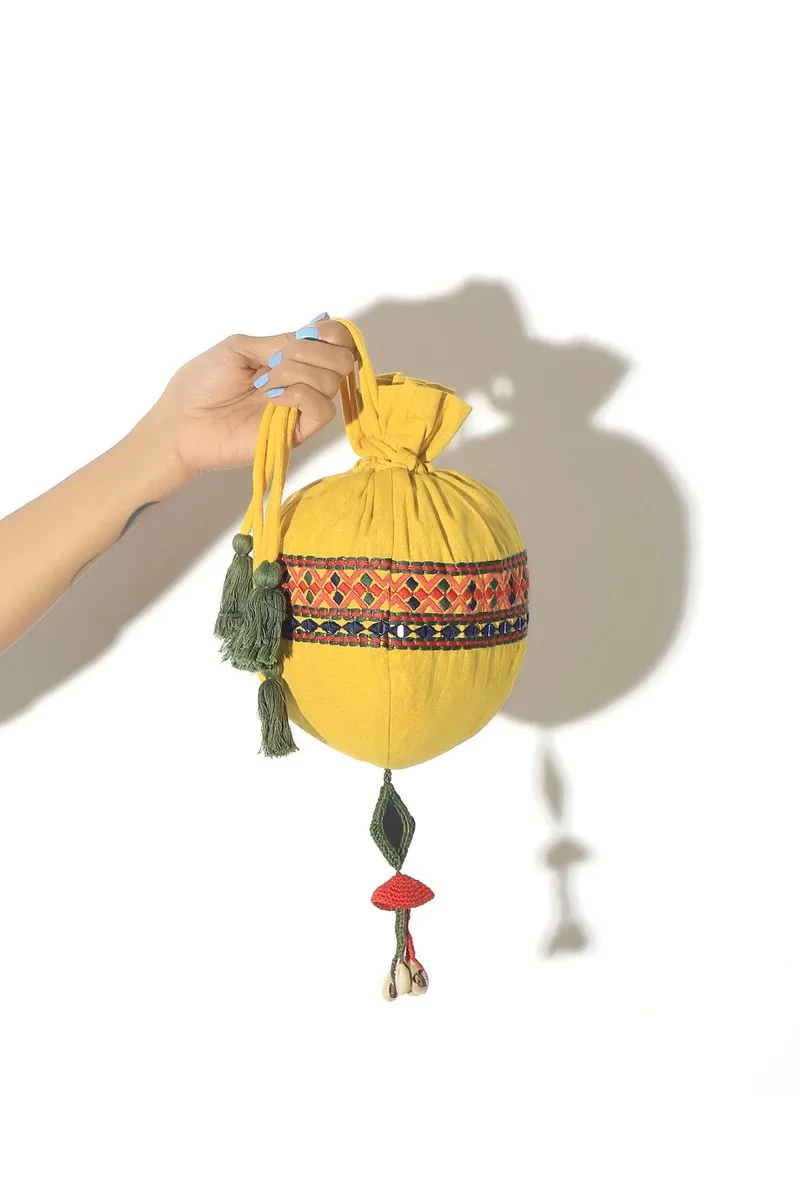 Tuscan Yellow Cotton Mirror Tassels Potli